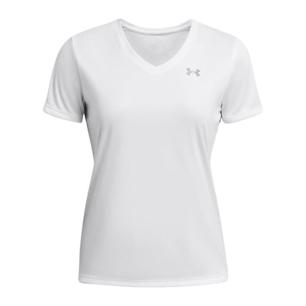 Under Armour Women's Velocity Solid Short Sleeve V Neck T Shirt, (100) White / / Metallic Silver, XXL