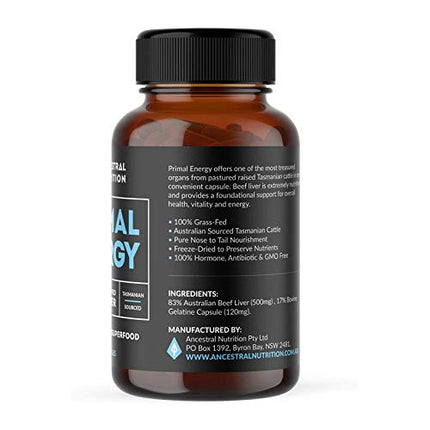 Grass Fed Beef Liver Capsules | Natural Iron, Vitamin B12 & Vitamin A | Heart Health and Immunity - Primal Energy Capsules By Ancestral Nutrition - 120 Capsules