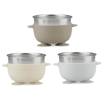 PandaEar 3 Pack Stainless Steel Suction Baby Bowls & 3 Baby Feeding Spoons | Non-Slip Stay Put Bowls & Soft Silicone First Stage Spoons for Toddlers, BPA-Free Baby Led Weaning Set (Linen Brown Grey)