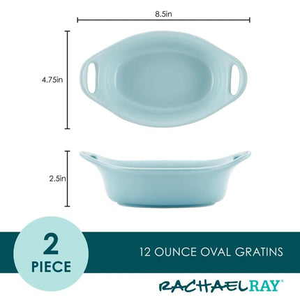 Rachael Ray Solid Glaze Ceramics Au Gratin Bakeware/Baker Set, Oval - 2 Piece, Gray