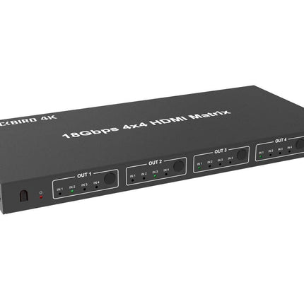 Matriz HDMI 4x4 Monoprice Blackbird 4K, 18G, 4K a 60Hz, YCbCr 4:4:4, EDID, Escalador descendente de 4K a 1080p, IR, HDR, HDR10, HDR10+, Negro (143623)
