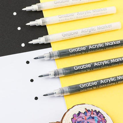 Grabie 6 Pack of Black & White Acrylic Paint Markers, 0.7 mm Extra Fine Tip