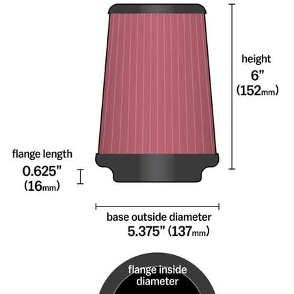 K&N Universal Clamp-On Air Filter: High Performance, Premium, Washable, Replacement Filter: Flange Diameter: 4 In, Filter Height: 6.0 In, Flange Length: 0.625 In, Shape: Round Tapered, RU-4550