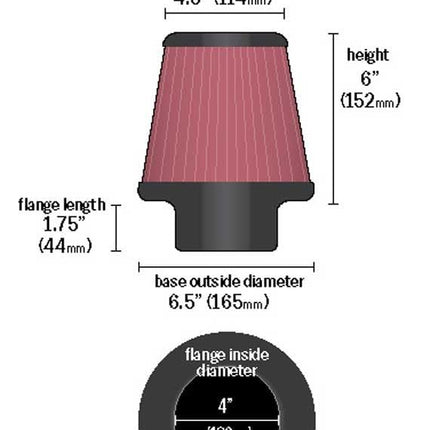 K&N Universal Clamp-On Air Filter: High Performance, Premium, Washable, Replacement Filter: Flange Diameter: 4 In, Filter Height: 6 In, Flange Length: 1.75 In, Shape: Round Tapered, RU-5060