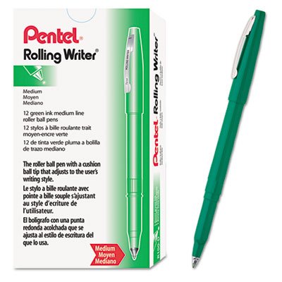 Pentel R100D Rolling Writer Stick Roller Ball Pen, 8mm, Green Barrel/Ink (Pack of 12)