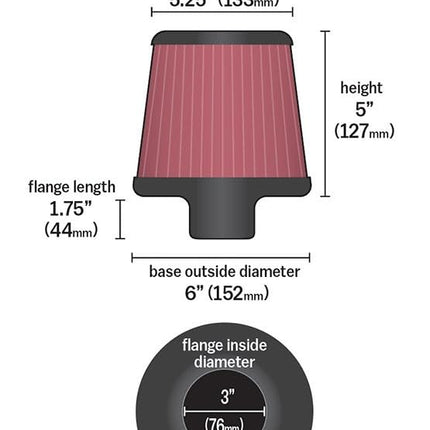 K&N Reverse Conical Universal Air Filter: High Performance, Premium, Replacement Filter: Flange Diameter: 3 In, Filter Height: 5 In, Flange Length: 1.75 In, Shape: Round Reverse Tapered, RR-3003