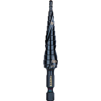 Klein Tools QRST01 Step Drill Bit, Quick Release Spiral Double-Fluted, 1/8 to 1/2-Inch, Hex Shank, Cut Steel, Wood, Plastic, Aluminum