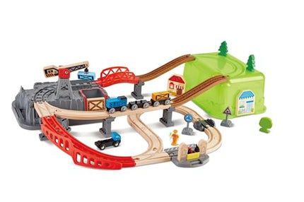Sustainable Wood Toy Train, Hape Railway Bucket 50-piece Builder Set With Railway Tracks, 1 Railwayman, 1 Signal Box, 1 Truck, 1 Crane. 3 years +
