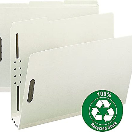 Smead 100% Recycled Pressboard Fastener File Folder, 1/3-Cut Tab, 3" Expansion, Letter Size, Gray/Green, 25 per Box (15005)