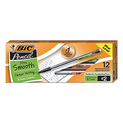 Crayons de papier mécaniques BIC Xtra Smooth avec gommes, Pointe moyenne (0,7 mm), Paquet de 12, 2 crayons parfaits pour les examens normalisés avec une écriture foncée qui s'efface proprement