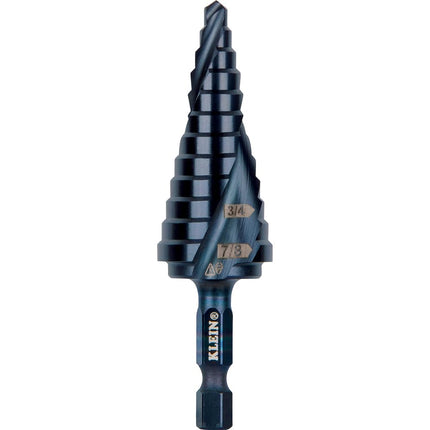 Klein Tools QRST14 Step Drill Bit, Quick Release, Spiral Double-Fluted, 3/16 to 7/8-Inch, Hex Shank, Cut Steel, Wood, Plastic, Aluminum