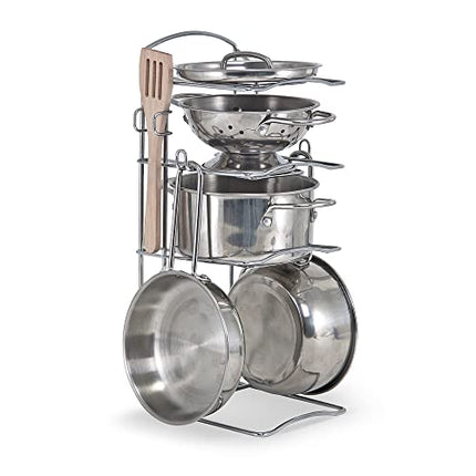 Melissa & Doug Stainless Steel Pots and Pans Pretend Play Kitchen Set for Kids (8 pcs), Silver