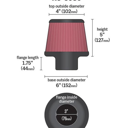 K&N Universal Clamp-On Air Filter: High Performance, Premium, Washable, Replacement Filter: Flange Diameter: 3 In, Filter Height: 5 In, Flange Length: 1.75 In, Shape: Round Tapered, RU-3580