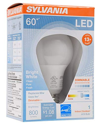 Ampoule LED Sylvania A19, 9W, équivalent 60W, 13 ans, à intensité variable, 800 lumens, 3500K, blanc éclatant - 1 paquet (71185)