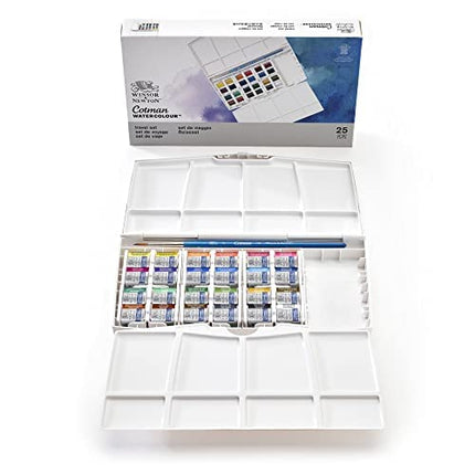 Winsor & Newton, Cotman Watercolour 'Travel Set', 24 x Half Pans + 1 x Cotman Watercolour Round Brush