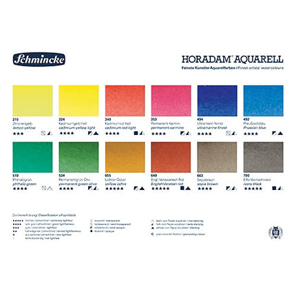 Schmincke - HORADAM AQUARELL compact paint box with 12 finest watercolours, 1 daVinci brush, 74 012 097, metal box, painting set, finest watercolours, 12 x 1/2 cells