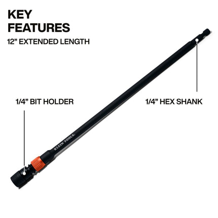 Klein Tools 31089 12-Inch Dual-Lock Extension, 1/4-Inch Hex Shank Impact Bit Holder, Quick-Release Locking Mechanism with Secondary Twist Lock, Compatible with Impact Drivers and Drills