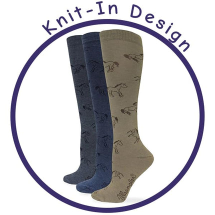 Wrangler Women's Ladies Horse Boot Socks 3 Pair Pack, Taupe/Denim/Charcoal, Medium