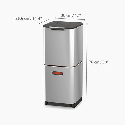 Joseph Joseph Totem Compact 40 Litre Waste Separation and Recycling Kitchen Bin, Stainless Steel