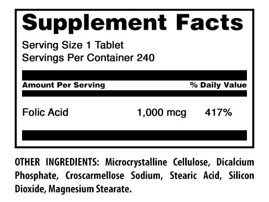 Amazing Formulas Folic Acid 1000 mcg (1 mg) 240 Tablets Supplement | Vitamin B9 | Non-GMO | Gluten Free | Made in USA