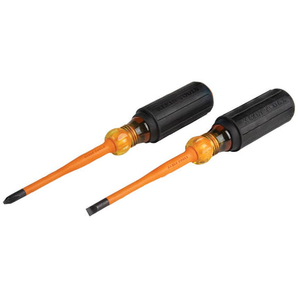 Klein Tools 33732INS 1000V Slim Tip Insulated Screwdriver Set, 2 Phillips and 1/4-Inch Cabinet Tips, Cushion Grip Handle, 2-Piece,Black and Orange