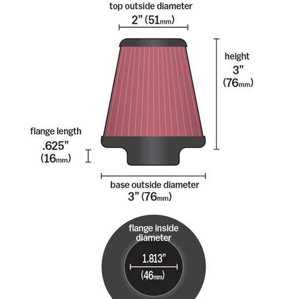 K&N Universal Clamp-On Air Intake Filter: High Performance, Premium, Replacement Air Filter: Flange Diameter: 1.8125 In, Filter Height: 3 In, Flange Length: 0.625 In, Shape: Round Tapered, RC-2320
