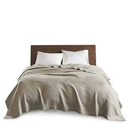 Madison Park Soft Certified 100% Egyptian Cotton Breathable Cozy Blanket, Premium Waffle Knit Classic Design, Luxury All Season Lightweight Cover for Bed, Couch and Sofa, Khaki King(108"x90")