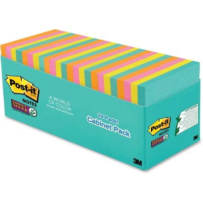 Post-it Super Sticky Notes, 3 in. x 3 in., Miami Collection, 24 Pads/Pack, 70 Sheets/Pad Blue, Green, Orange, Pink 70 Sheets Self-Adhesive Pouch