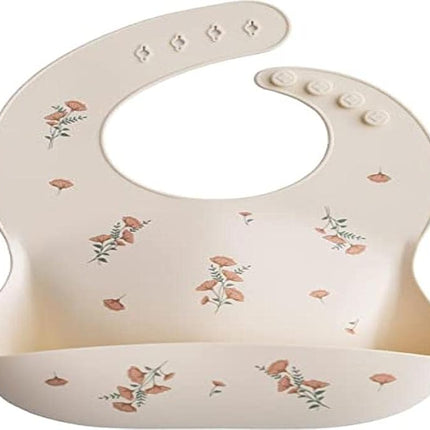 mushie Silicone Baby Bib | Adjustable Fit Waterproof Bibs (Pink Flowers)