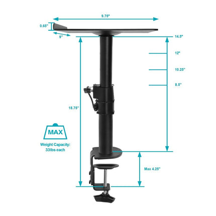 Monoprice Universal Clamp-On Desktop Speaker Mounts Pair Height-Adjustable 9 x 9 inch Tray, Fits Most Bookshelf Studio Monitor Speakers
