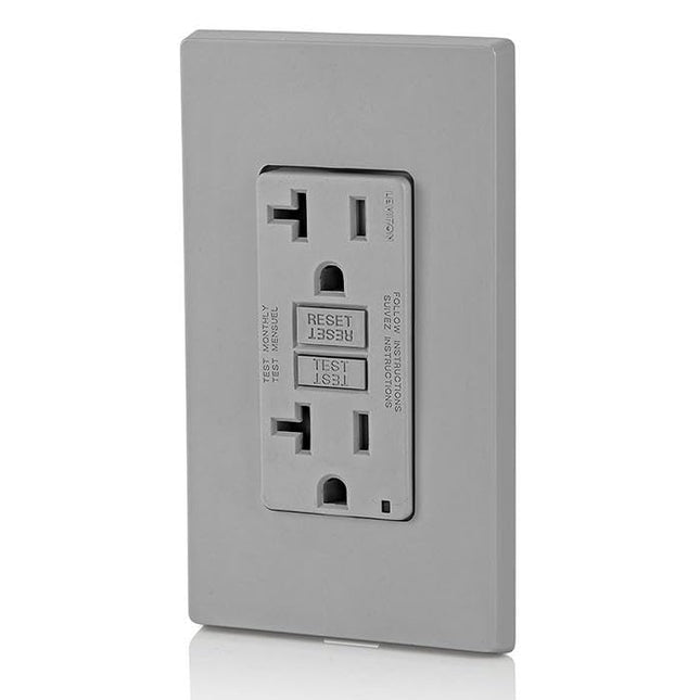 Tomacorriente Leviton GFCI resistente a la intemperie, 20 amperios resistente a manipulaciones, GFWT2-GR, Gris