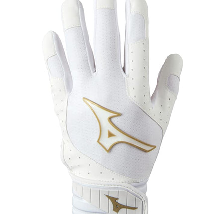 Guante de bateo acolchado de sóftbol Mizuno Finch para mujer, blanco-dorado, grande