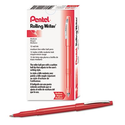 Pentel Rolling Writer Stick Roller Ball Pen, Medium Point, 0.40 mm, Red Barrel, Red Ink 12-Count (R100-B)