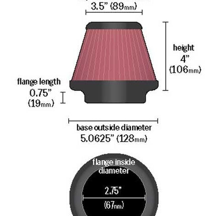 K&N Universal Clamp-On Air Intake Filter: High Performance, Premium, Washable, Replacement Filter: Flange Diameter: 2.75 In, Filter Height: 4 In, Flange Length: 0.75 In, Shape: Round Tapered, RU-5128
