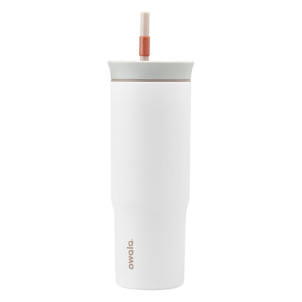 Vaso de viaje Owala de acero inoxidable con triple aislamiento, tapa a prueba de derrames y pajita, sin BPA, 24 onzas, gris/blanco (té helado)