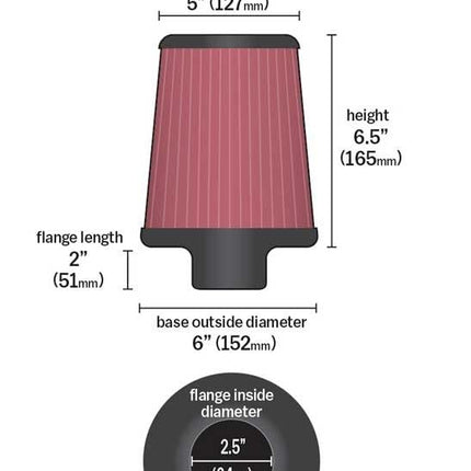 K&N Universal X-Stream Clamp-On Air Filter: High Performance, Premium, Replacement Filter: Flange Diameter: 2.5 In, Filter Height: 6.5 In, Flange Length: 2 In, Shape: Round Tapered, RX-4860