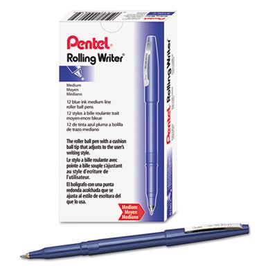Pentel R100C Rolling Writer Stick Roller Ball Pen, .8mm, Blue Barrel/Ink, Dozen