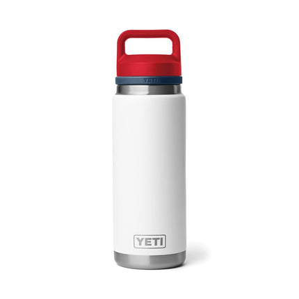 YETI Rambler 26 oz Bottle, Vacuum Insulated, Leakproof, Stainless Steel with Chug Cap, White/Navy/Rescue Red