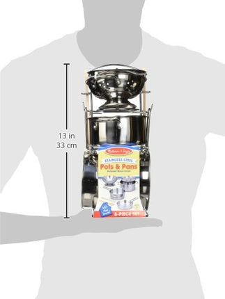 Melissa & Doug Stainless Steel Pots and Pans Pretend Play Kitchen Set for Kids (8 pcs), Silver