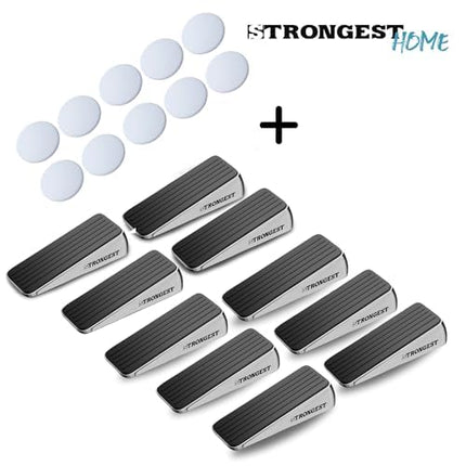 Strongest Home Door Stopper, Set of 10 Heavy Duty Door Stop Wedge Made of Premium Quality Zinc and Rubber Suits Any Door, Any Floor - Plus 10 Self Adhesive Wall Protectors (Black Silver)