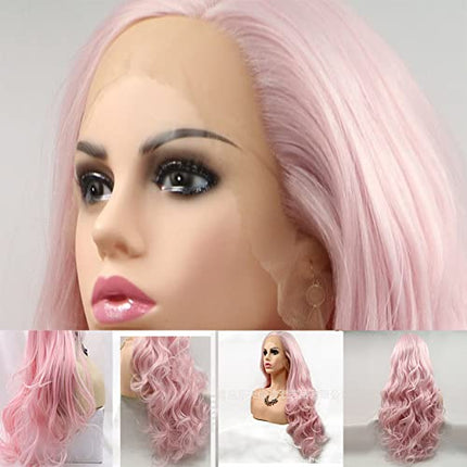 Xiweiya Long Pink Wavy Wig Synthetic Pink Wavy Lace Front Wigs Middle Part Wig Long Soft Wig Hair Replacement Wig for Women, Drag Queen Makeup 24 inch