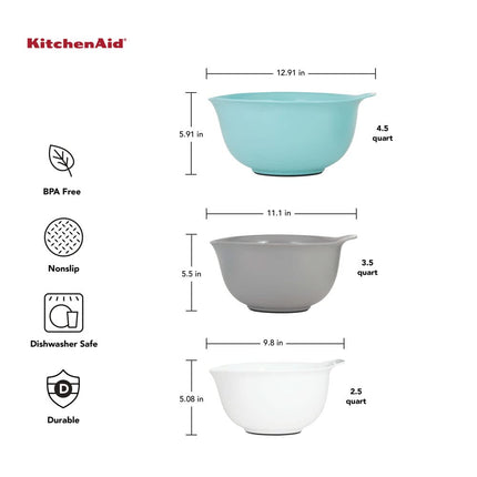 KitchenAid Universal Nesting Plastic Mixing Bowls, Set of 3, 2.5 Quart, 3.5 Quart, 4.5 Quart, Non Slip Base with Easy Pour Spout to Reduce Mess, Dishwasher Safe, Aqua Sky, White, Gray