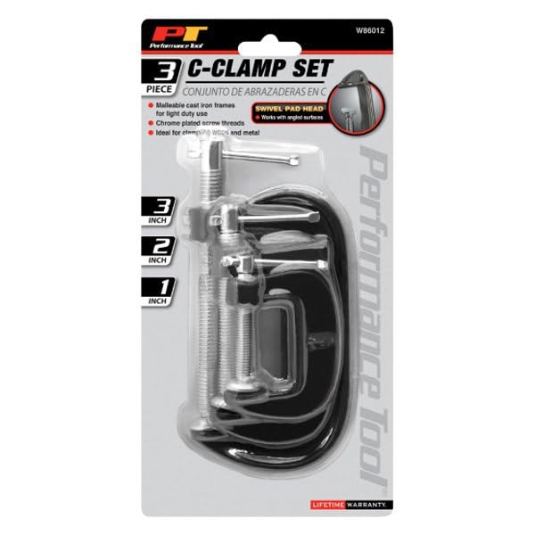 Performance Tool W86012 3-Piece C-Clamp Set with Malleable Cast Iron Frames and Swivel Pad Head for Wood and Metal Clamping