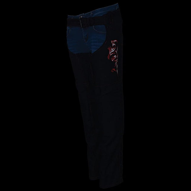 Milwaukee Leather SH1182 Women's Black with Red Textile Motorcycle Riding Chaps with Tribal Embroidery - 4X-Large