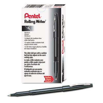Pentel Rolling Writer Pen, 0.8 Millimeter Cushion Ball Tip, Black Ink, 12 pens (R100-A)