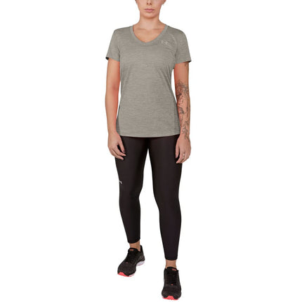 Camiseta de manga corta con cuello en V retorcido Under Armour Tech para mujer, (558) Pewter/Ghost Grey/Metallic Silver, XS, (558) Pewter/Ghost Grey/Metallic Silver, XS