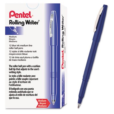 Pentel R100C Rolling Writer Stick Roller Ball Pen, .8mm, Blue Barrel/Ink, Dozen