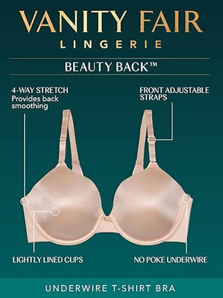 Vanity Fair Women's Full Coverage Beauty Back Smoothing Bra, 4-Way Stretch Fabric, Lightly Lined Cups Up to Dd, Opaque, Underwire-White, 36B