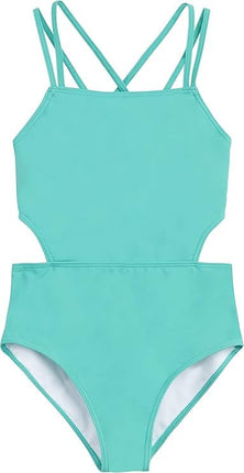Traje de baño de una pieza con cortes de deporte de playa para niña Kanu Surf, color liso Atlantis, talla 16