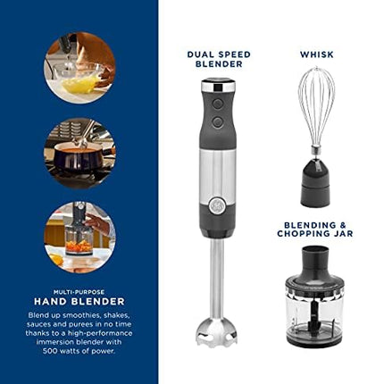 GE Immersion Hand Blender, 500 Watt High-Performance, 3-in-1 with Blend & Chop, Whisk & Chopping Jar Attachments, Dual Speed Immersion for Easy One-Handed Operation, Stainless Steel, G8H1AASSPSS